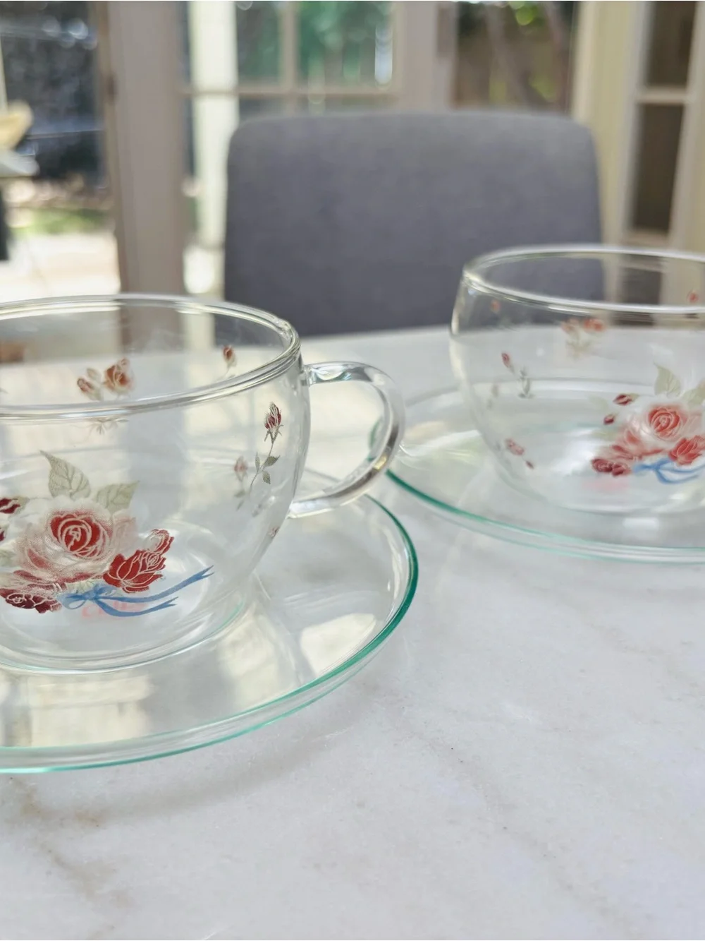 Made in Japan Clear Glass Teacup and Saucer Set with Red Rose Design